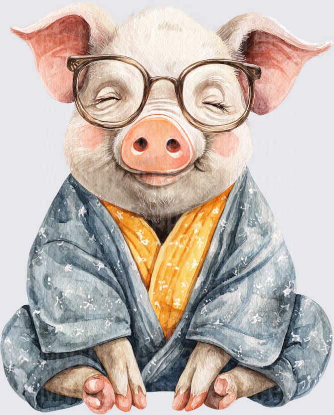 Watercolor Meditating Pig Wearing Glasses and Blue Kimono Robe Zen Piglet Lotus Position
