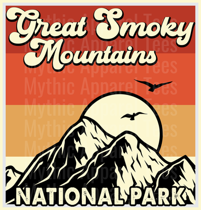 Great Smoky Mountains National Park Retro Sunset Mountain Range with Soaring Birds Vintage Style Design
