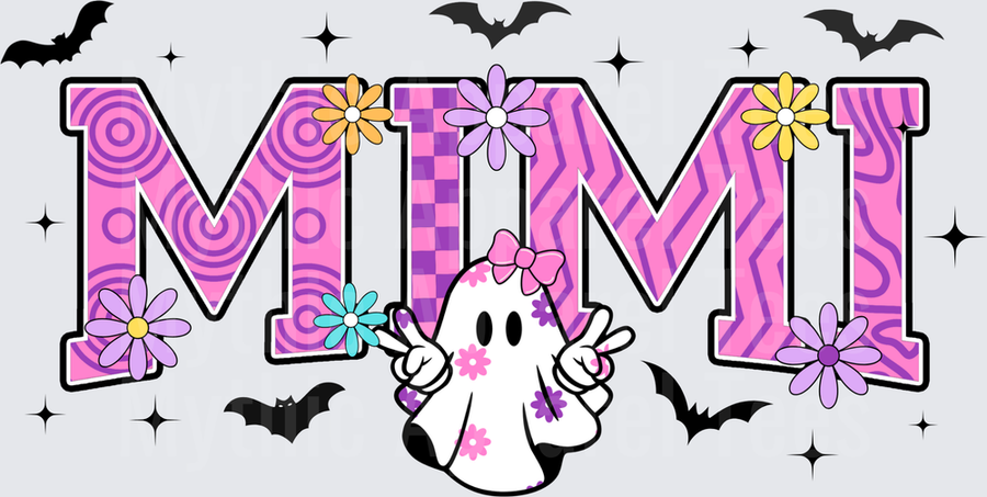 Halloween Mimi Groovy Ghost with Pink Bow Floral Daisy Bats Sparkle Design