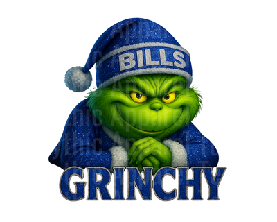 NFL Football Grinchy Grinch in Buffalo Bills Blue Glitter Santa Hat with Mischievous Smirk