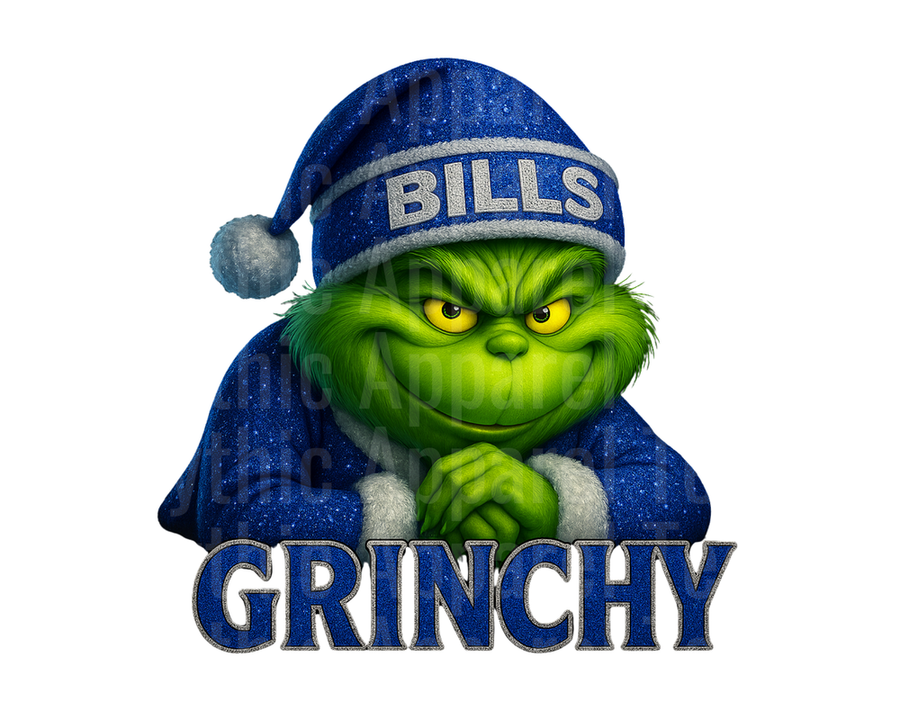 NFL Football Grinchy Grinch in Buffalo Bills Blue Glitter Santa Hat with Mischievous Smirk