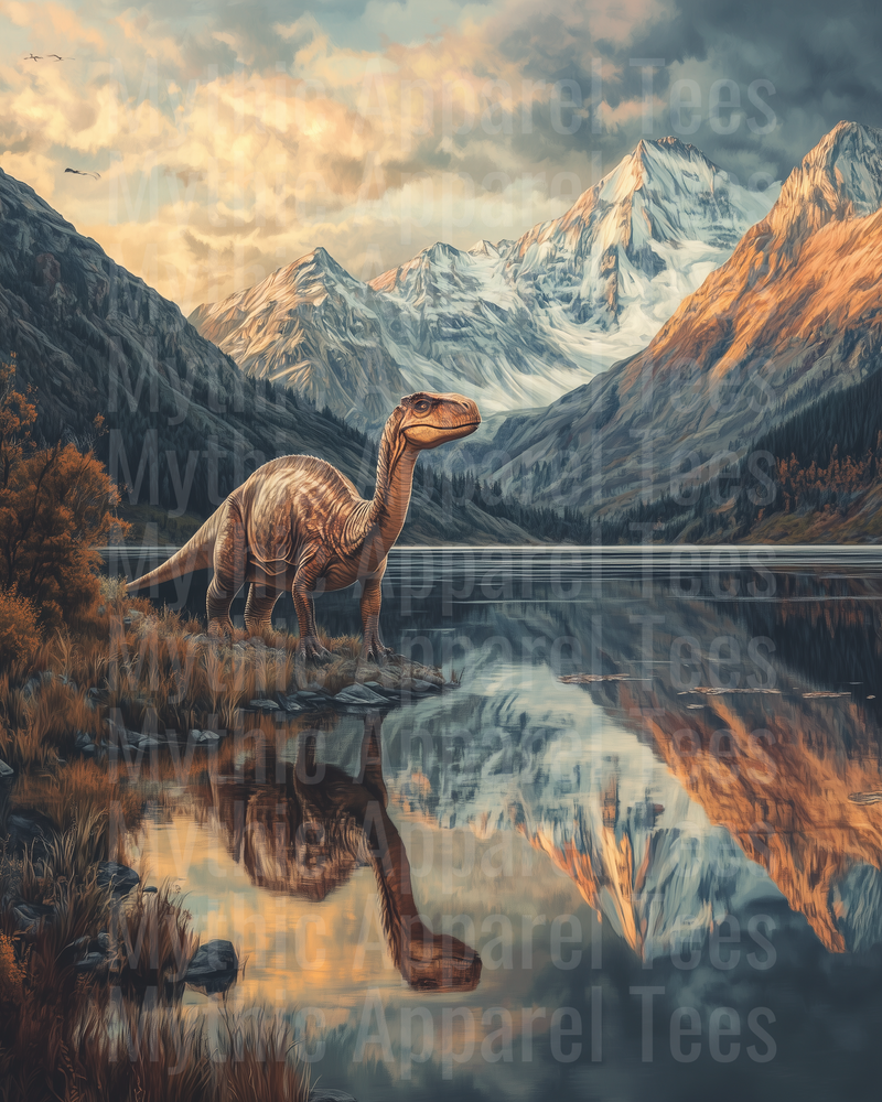 Brachiosaurus Dinosaur Standing at Glacial Mountain Lake with Mirror Reflection at Golden Hour