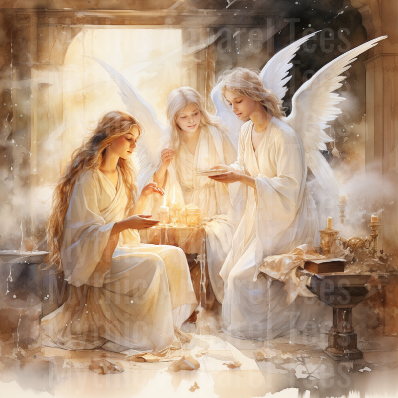 Nativity Three Angels Glowing Candlelight Watercolor Scene