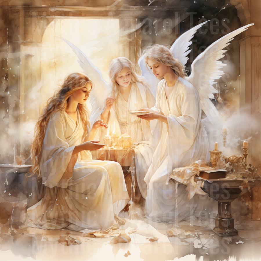 Nativity Three Angels Glowing Candlelight Watercolor Scene