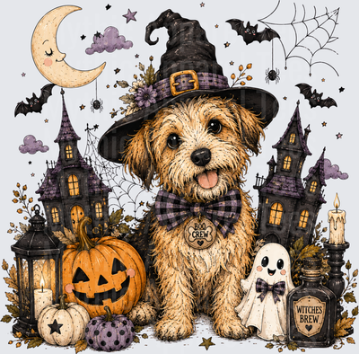 Fluffy Doodle Dog Witch Hat Boo Crew Halloween Haunted House Ghost Pumpkin Witches Brew Scene