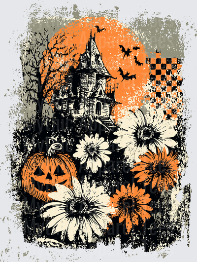 Distressed Halloween Haunted Mansion Jack-O-Lantern Floral Bats Grunge Vintage Gothic Scene