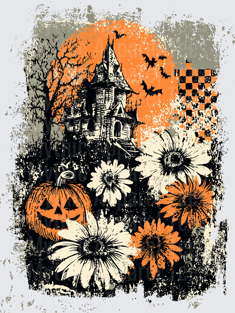 Distressed Halloween Haunted Mansion Jack-O-Lantern Floral Bats Grunge Vintage Gothic Scene