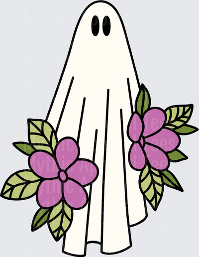 Cute Floral Ghost with Purple Flowers and Green Leaves Boho Halloween Spirit