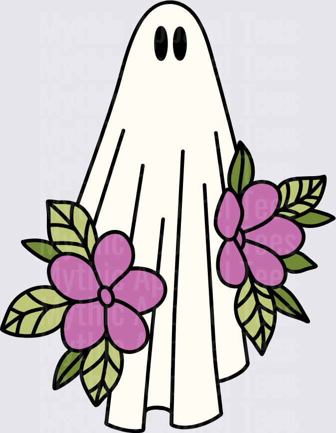 Cute Floral Ghost with Purple Flowers and Green Leaves Boho Halloween Spirit