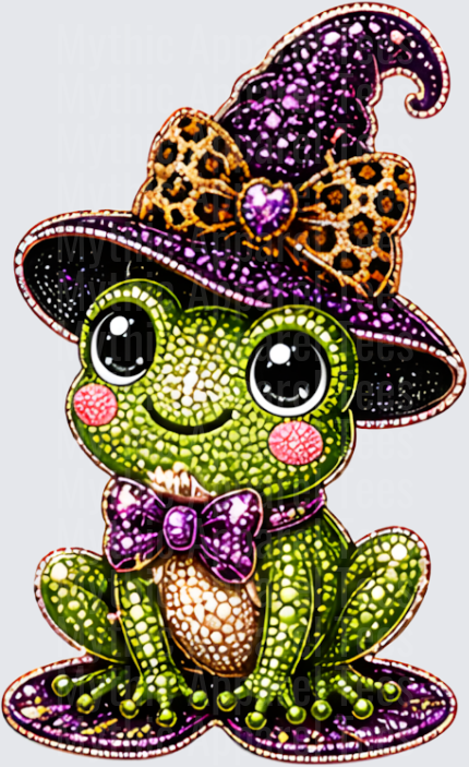 Halloween Bling Glitter Cute Frog Wearing Purple Witch Hat with Leopard Print Bow and Purple Bowtie