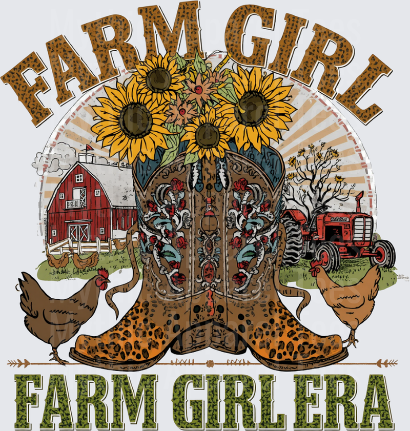 Farm Life Farm Girl Era Leopard Cowboy Boots Sunflowers Chickens Barn Tractor