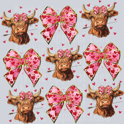 Valentines Day Pattern with Highland Cow and Pink Bow DTF Highland Cow Transfers