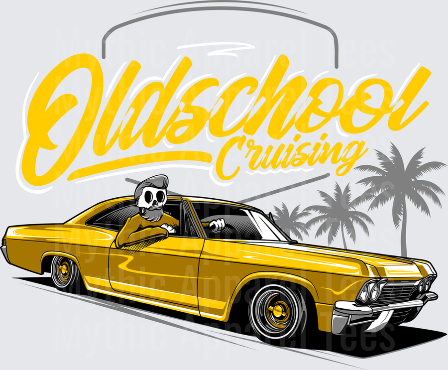 Drifting and Muscle Cars Oldschool Cruising Skull Driver Yellow Lowrider Classic Car Palm Trees
