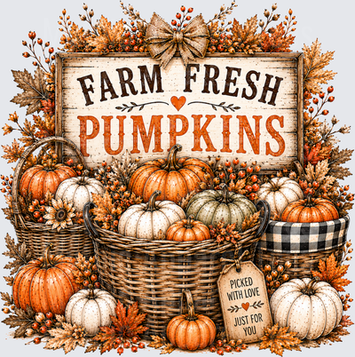 Farm Fresh Pumpkins Picked With Love Just For You Rustic Autumn Harvest Basket Burlap Bow Fall Foliage