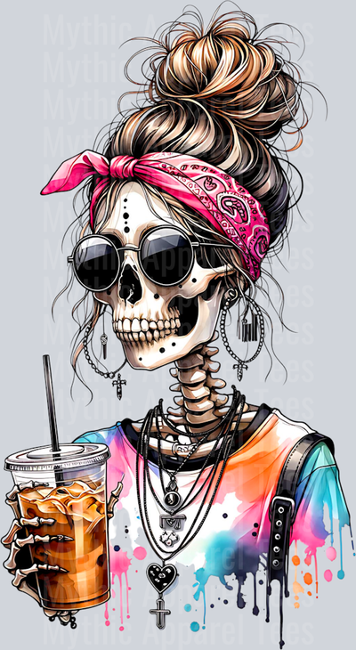Skull Girl with Coffee and Head Band DTF Skull Transfers