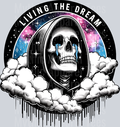 Living the dream crying skull death with clouds and black liquid DTF Skull Transfers