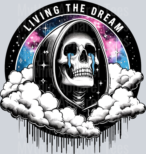 Living the dream crying skull death with clouds and black liquid DTF Skull Transfers