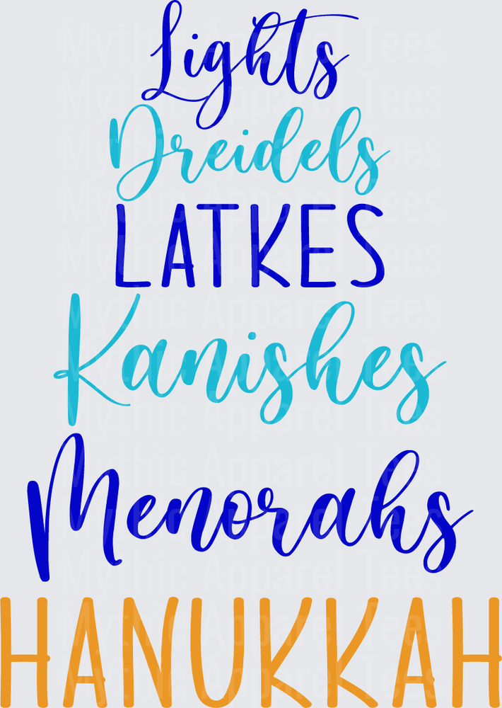 Lights Dreidels Latkes Kanishes Menorahs Hanukkah Blue Teal and Gold Typography Word Stack