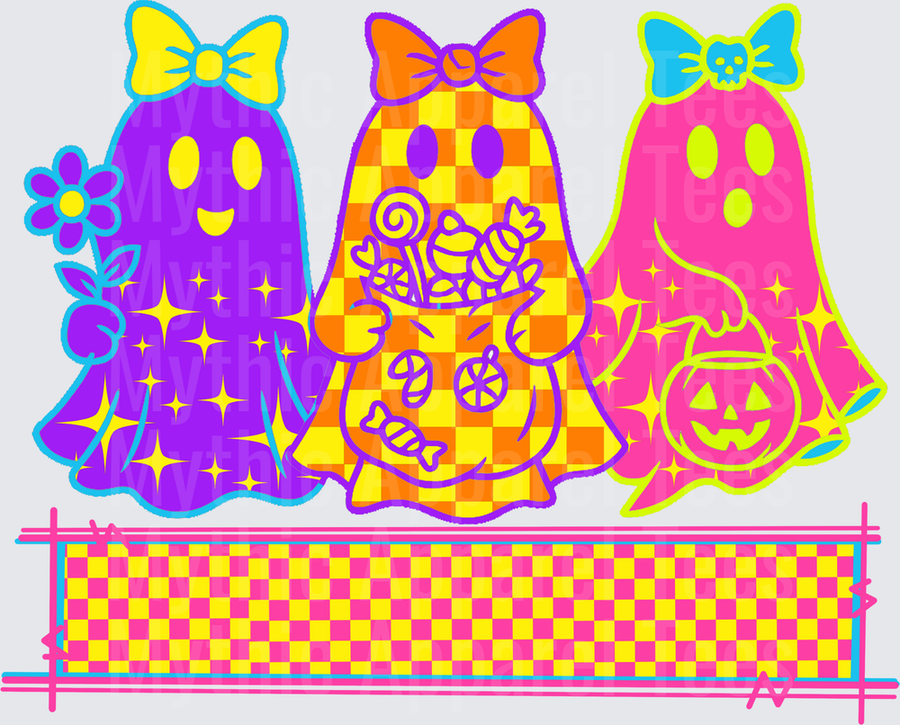 Halloween Retro Groovy Ghost Trio with Bows Candy Pumpkin Bucket and Flowers Neon Checkered Cute Spooky Girls