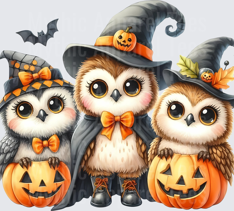 Three Cute Halloween Witch Owls with Jack-O-Lanterns Orange Bow Ties and Flying Bat