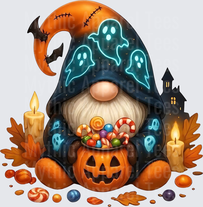 Halloween Gnome with Glowing Neon Ghosts Hat Holding Jack-O-Lantern Candy Bucket Surrounded by Candles and Autumn Leaves