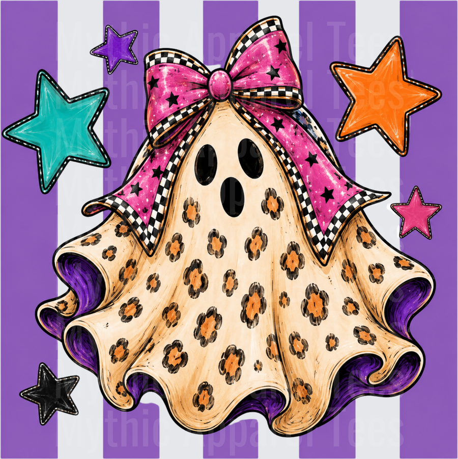 Halloween Leopard Print Ghost with Pink Checkered Bow and Colorful Stars on Purple Stripe Background