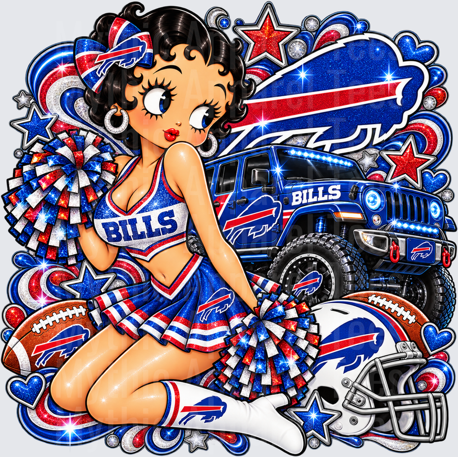 Betty Boop Buffalo Bills Cheerleader with Jeep Helmet and Football Glitter Fan Design