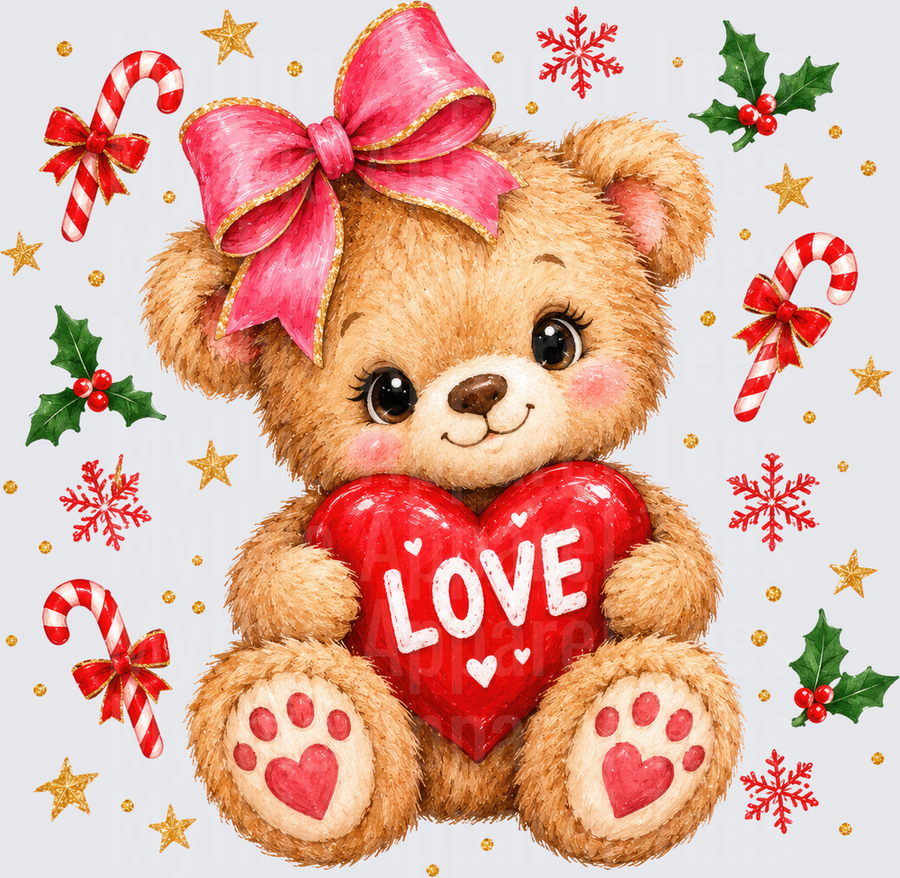 Cute Christmas Teddy Bear with Pink Bow Holding Red Love Heart Surrounded by Candy Canes Holly and Gold Stars