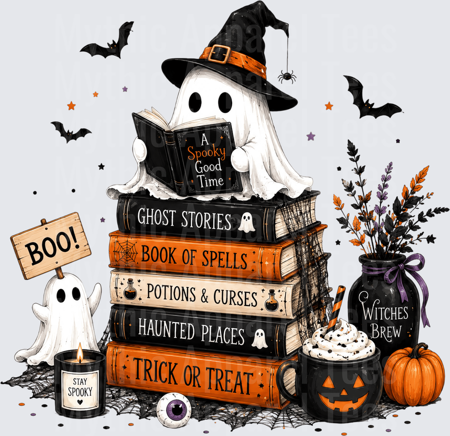 Halloween Ghost Reading Spooky Books Stack Witches Brew Boo