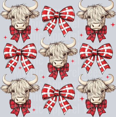 Highland Cow and Red and white bow DTF Christmas Highland Cows Transfers