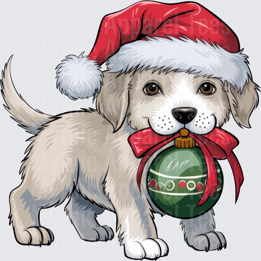 Fluffy White Puppy Santa Hat Carrying Green Christmas Ornament with Red Bow