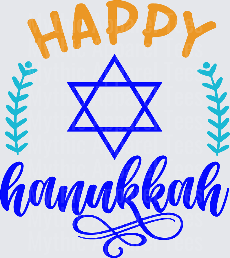 Happy Hanukkah Star of David with Teal Laurel Branches Script Lettering