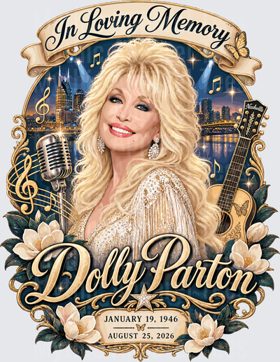 In Loving Memory Dolly Parton Nashville Country Music Legend Memorial Portrait with Guitar Microphone and Magnolias