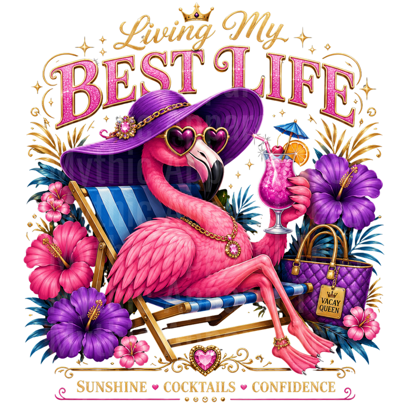 Flamingo Living My Best Life Vacay Queen Sunshine Cocktails