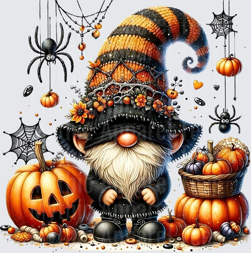 Halloween Gnome with Black Orange Striped Hat Jack-O-Lantern Pumpkins Spiders and Spiderwebs