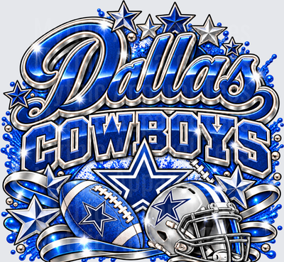 Dallas Cowboys Doll Face Glitter Blue Silver Script Lettering with Football Helmet and Stars Bling Design