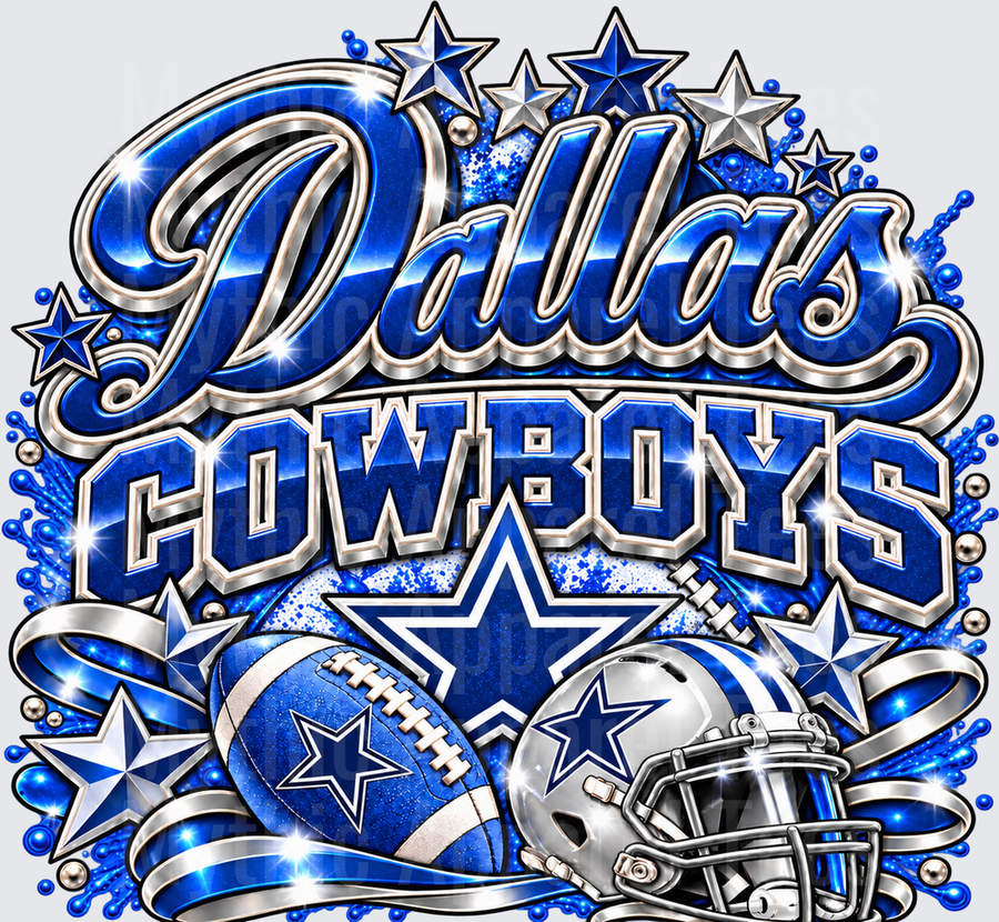 Dallas Cowboys Doll Face Glitter Blue Silver Script Lettering with Football Helmet and Stars Bling Design