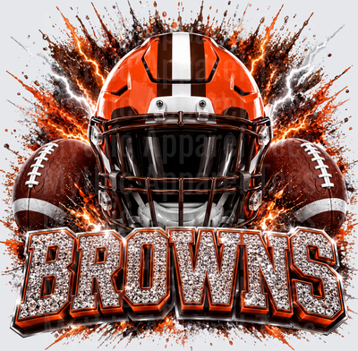 Rhinestone Style NFL Cleveland Browns Orange and Brown Football Helmet Fiery Lightning Explosion with Diamond Bedazzled Bold Text