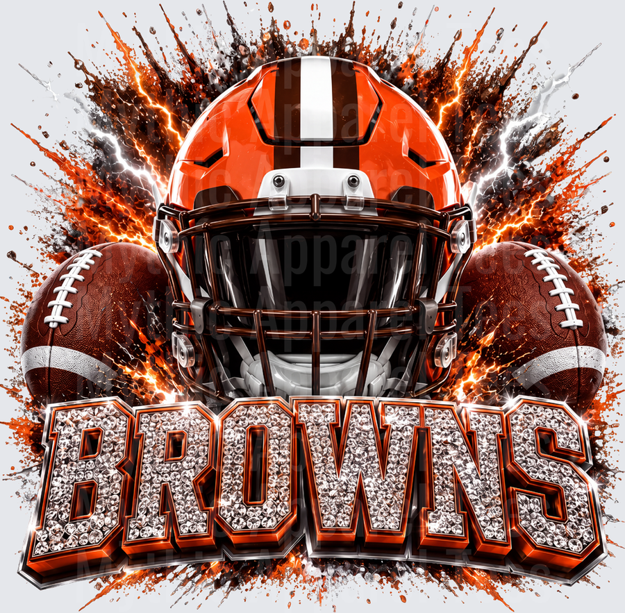 Rhinestone Style NFL Cleveland Browns Orange and Brown Football Helmet Fiery Lightning Explosion with Diamond Bedazzled Bold Text