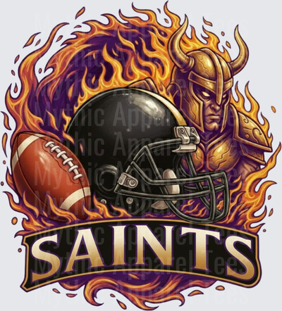 Saints Football Flaming Warrior Knight Black Helmet and Football Fierce Mascot Design
