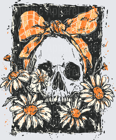 Distressed Halloween Skull with Orange Plaid Bow and Daisy Flowers Grunge Design