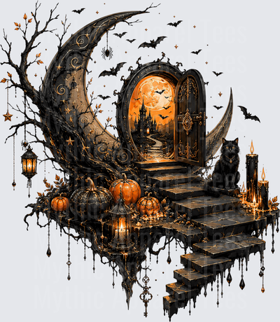 Halloween Gothic Crescent Moon Portal Castle Black Cat Bats