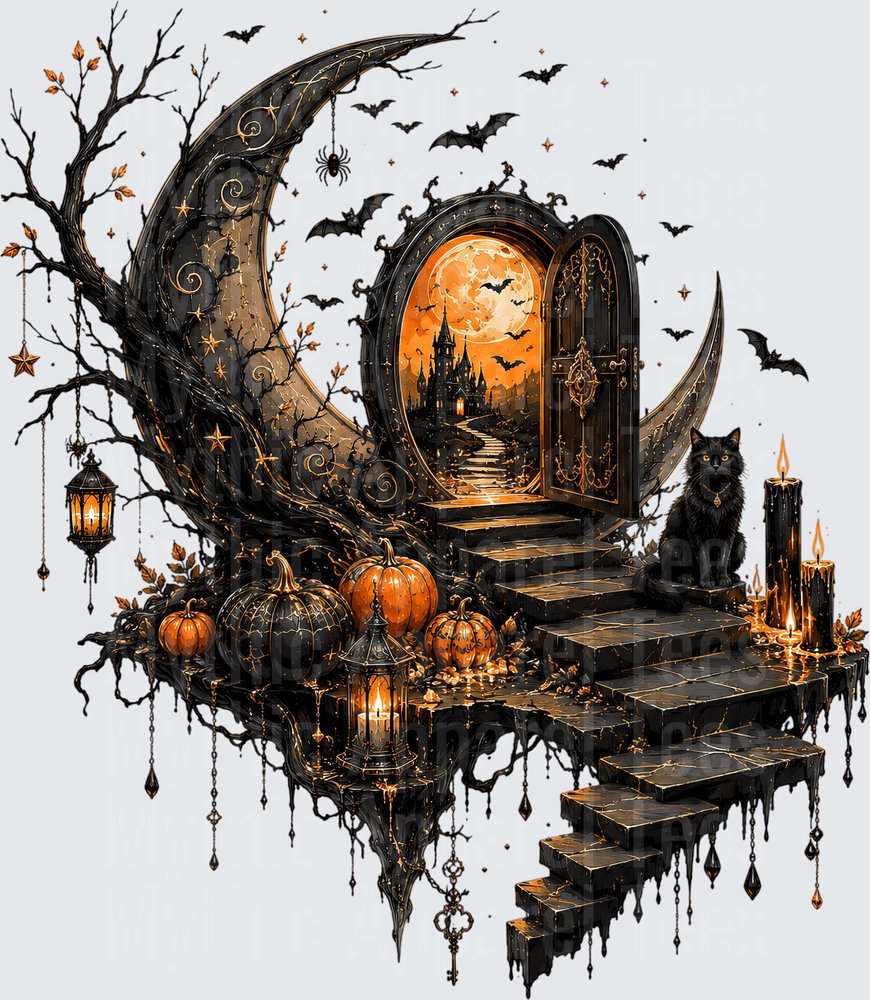 Halloween Gothic Crescent Moon Portal Castle Black Cat Bats