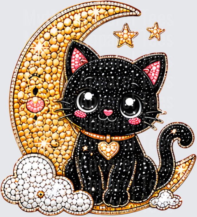 Halloween Bling Cute Black Kitten Sitting on Crescent Moon with Gold Heart Locket Rhinestone Diamond Art Style