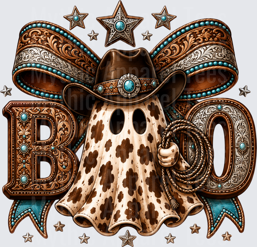 Halloween Western Cowboy Ghost with Cowhide Print Holding Lasso BOO Tooled Leather Turquoise Coquette Bow and Stars