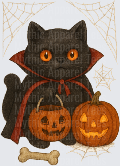 Cute Black Cat Vampire Dracula Cape Halloween Jack-o-Lantern Pumpkins Spider Webs Bone Spooky Fall