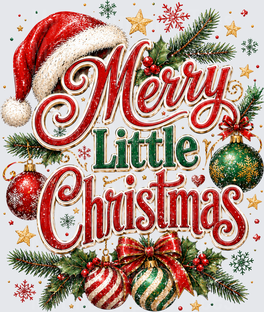 Merry Little Christmas Santa Hat Holly Ornaments Snowflakes Festive Holiday Typography Design