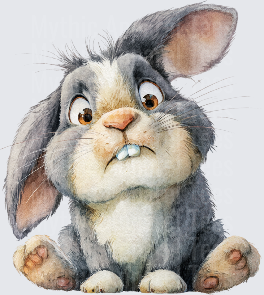 Grumpy Gray Bunny Rabbit with Floppy Ears and Annoyed Expression Watercolor Illustration