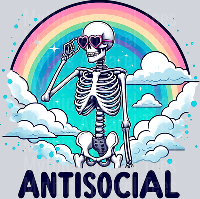 Antisocial rainbow background with clouds DTF Skull Transfers