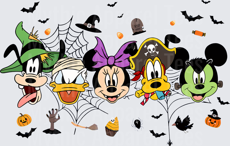 Mickey Mouse Halloween Squad Goofy Witch Donald Duck Mummy Minnie Mouse Pirate Pluto Frankenstein Mickey Spiderwebs Bats Pumpkins Trick or Treat